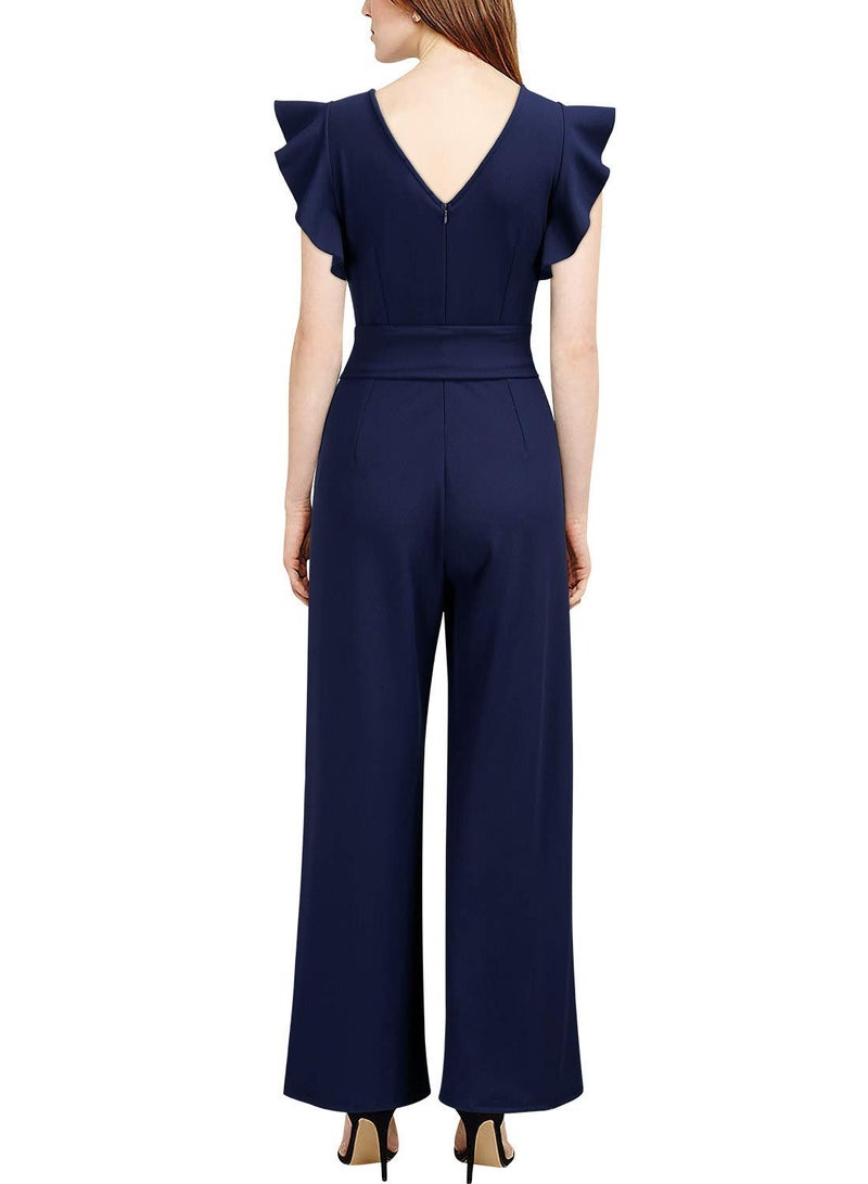 Knitee Women's Vintage Sleeveless Ruffle High Waist Wide Leg Romper Formal Long Jumpsuit with Belt (Navy Blue, Large) - Image 2